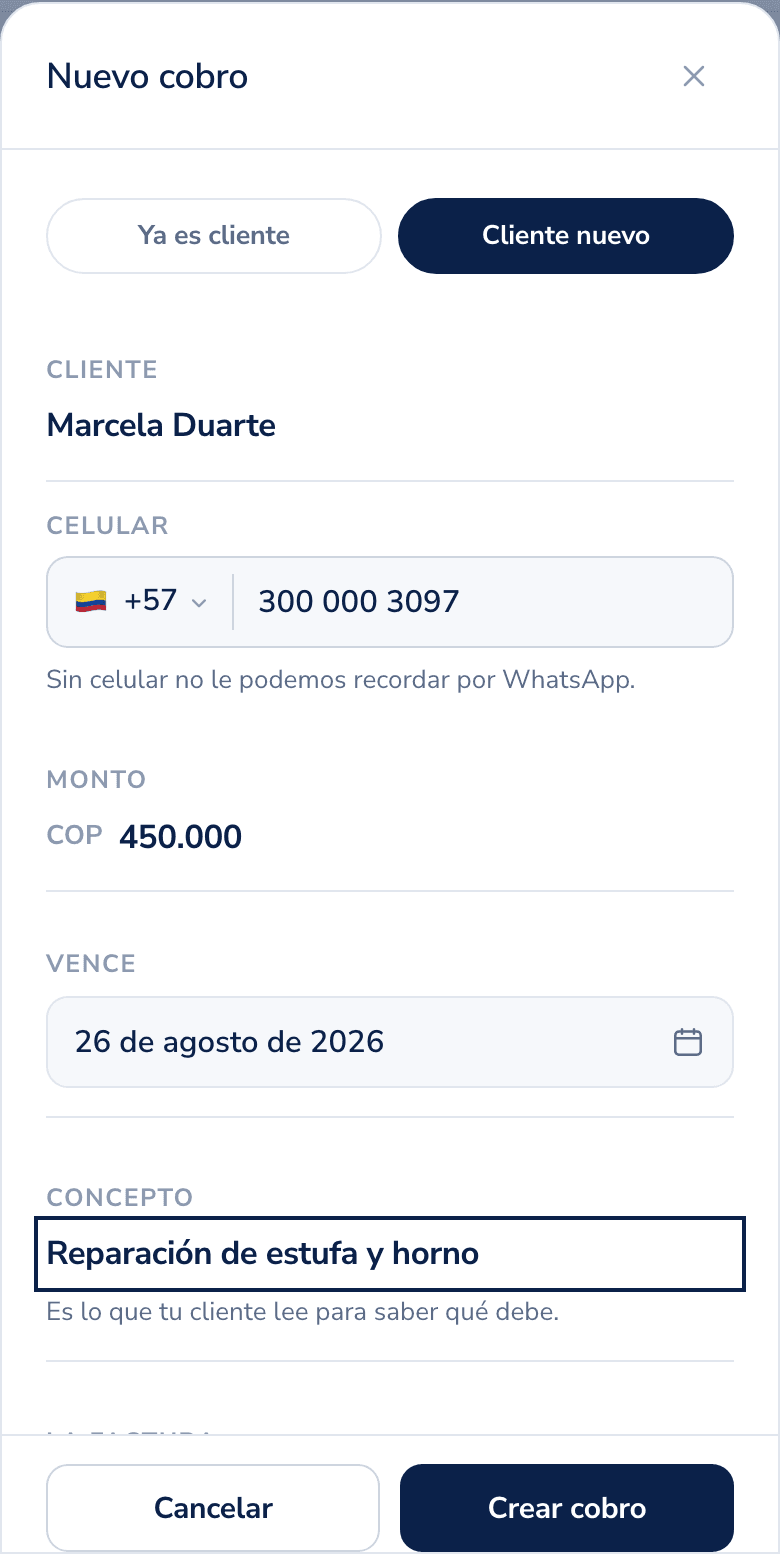 Hoja de cobro nuevo con el nombre, el celular, el monto y la fecha