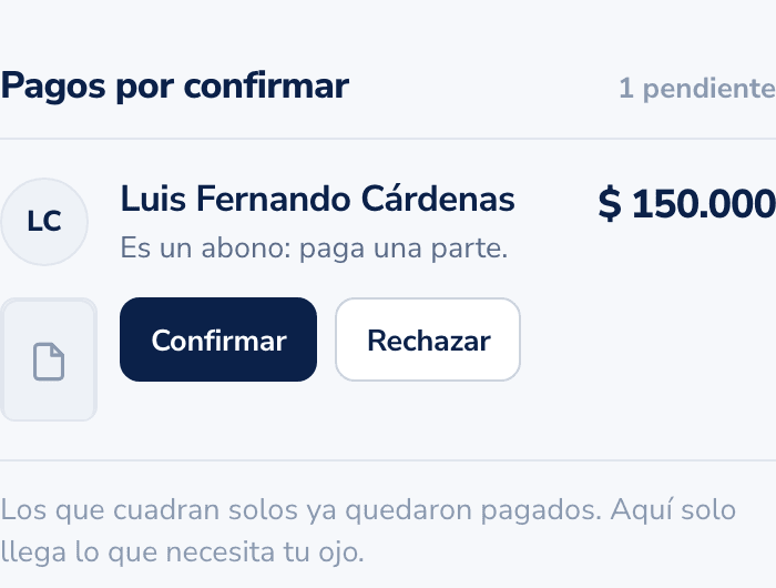 Un comprobante pendiente con sus dos botones